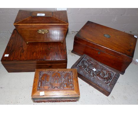 - An early C19th mahogany sarcophagus shaped tea caddy, two carved boxes and two other boxes