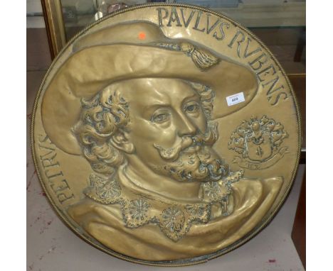 A large 19th century brass wall plaque with relief portrait of Rubens, 24"