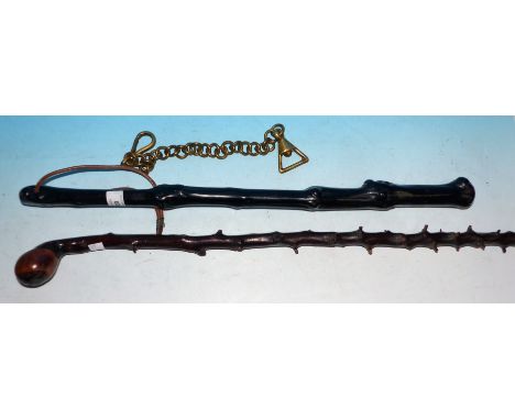 A 19th century Irish blackthorn cudgel; a blackthorn walking stick; a 19th century brass dog leash chain