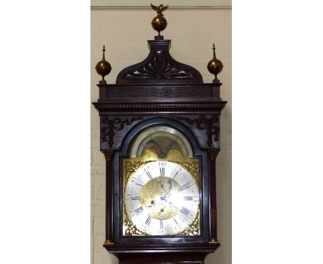 A North Eastern longcase clock, having 8 day movement with arched brass dial and silver chapter ring, moon phases and tide in