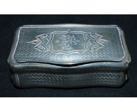 A 19th century continental silver cushion shaped snuff box, gilt interior, engine turned decoration