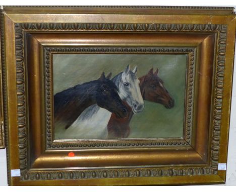 19th Century:  Hens in a barn, oil on panel, monogrammed, 5½" x 6½", framed; oil portrait of 3 horses' heads, framed