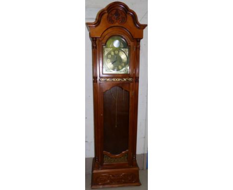 A reproduction longcase clock, weight driving, chiming, with brass dial