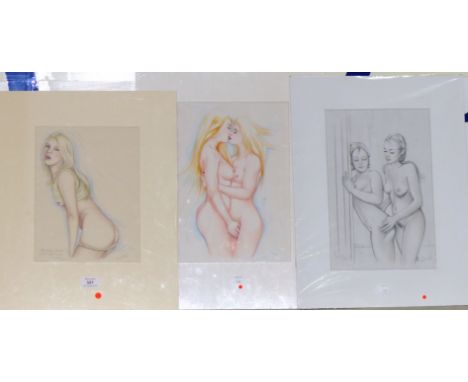 David Wilde:  Angharad with her hair dyed blonde, crayon, signed, 11½" x 8½"; Beach Belles, pencil sketch, 13½" x 9"; and a s