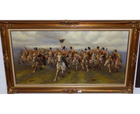 M. Coleman:  after Lady Butler, oil on canvas, Charge of the Light Brigade, signed, 24" x 48", gilt framed
