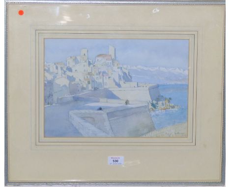 M McCrossan:  pencil and wash sketch of a Greek coastal town, signed and dated 1929, 9½" x 14", framed and glazed
