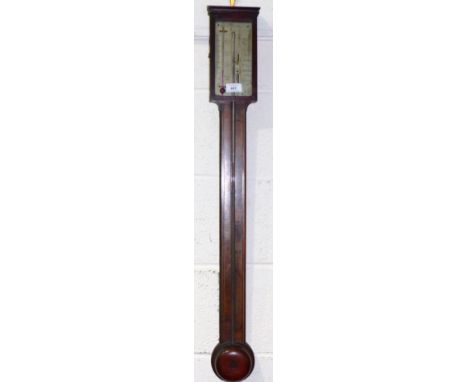 A 19th century mahogany mercury column stick barometer with boxwood and ebony line inlay, circular base, silvered scale, with