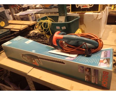 Three boxes of mixed tools fixtures fittings including body repair lead extensions lead etc