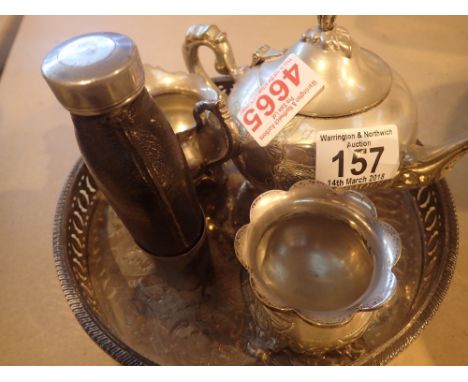 Silver plated bachelor tea set and a Victorian hip flask