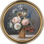 de Meys, Anne-Euphrasie: Miniatur Stilleben: Blumen in Korb auf Marmorplatte
