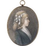 Schmetterling, Joseph Adolf: Miniatur Portrait Profil einer Frau mit Schleife gekraus...