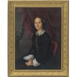 Reich, F.: Miniatur Portrait einer sitzenden Frau vor Säule und vio...