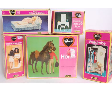 SINDY; A collection of five original vintage retro boxed Sindy toys / accessories to include Bed, Washbasin, Wardrobe, Sindy 