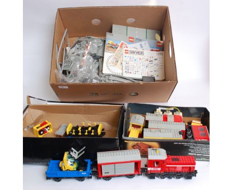LEGO; An original 1980's vintage retro Lego trainset - extensive set comprising of locomotive, carriages, accessories, track,