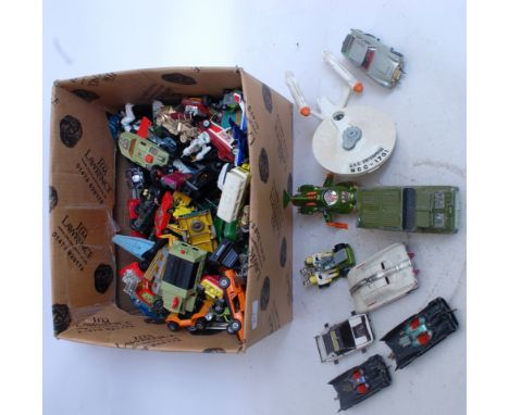 DIECAST; A LARGE box of assorted vintage diecast model cars and vehicles to include many Sci-Fi related - Captain Scarlet, Ba