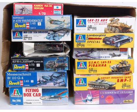 MODEL KITS: a collection of 13x plastic model kits - Heller, Italeri, Academy, Revell etc - comprising of military tanks, veh