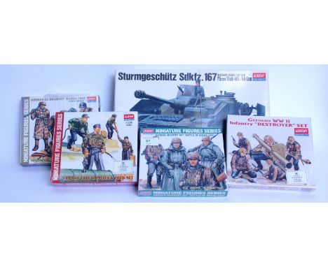 MODEL KITS: 5x Academy Hobby model kits including German Assault Tank, German Tank Supply & Crew Set, SS Infantry, Russian 19