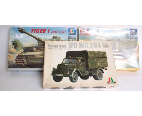 MODEL KITS: 3x 1:35 scale military model kits, including German truck, Soviet truck and Tiger tank. Each by Italaleri. Unmade