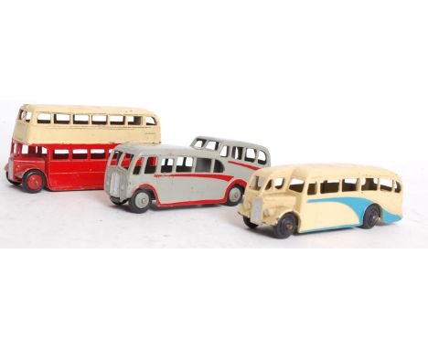 DINKY; a collection of three vintage Dinky diecast model buses - red / cream double decker, 29e blue and cream bus and red/gr