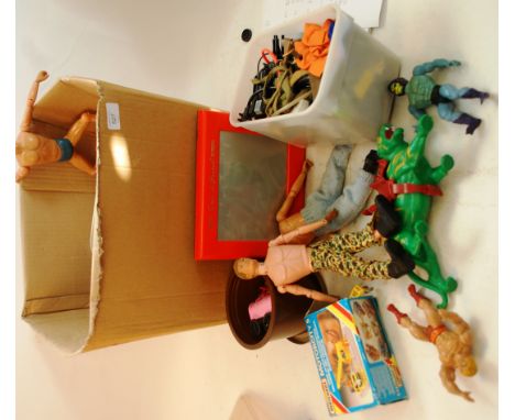 MIXED TOYS; A good box of assorted mixed toys to include diecast, vintage Action Man by Palitoy dolls and accessories, Master