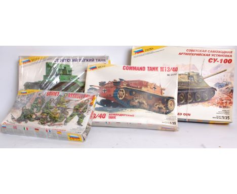 MODEL KITS: 4x Zvezda 1:35 scale 1970's military model kits - including a Soviet assault group, soviet light tank, A command 