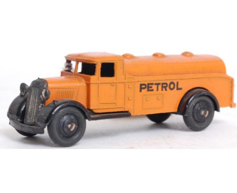 DINKY; Unboxed Dinky 1930's diecast model 25d Petrol Tanker. Light Orange "PETROL" with black ridged hubs 20 decal to rear. S