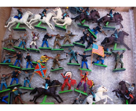 BRITAINS; A good selection of vintage Britains Deetail plastic figures mounted on metal bases to include; Cowboys, Civil War,