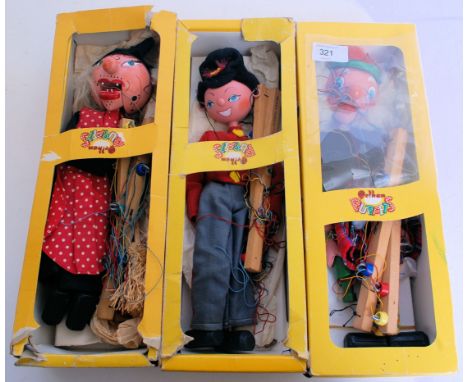 PELHAM PUPPETS; A collection of three vintage retro Pelham Puppets in original boxes to include McBoozle, Witch & Fritzi. Pel