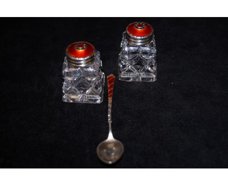 Danish sterling silver and enamel Art Deco salt &amp; pepper set with filling spoon