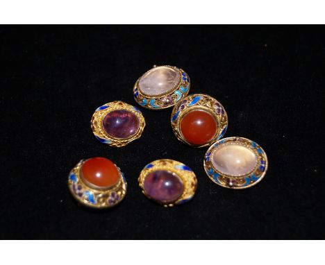 Three pairs of silver, oriental style clip on earrings set with carnelian , rose (quartz), amethyst with filigree &amp; ename