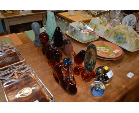 A collections of various decorative art glass paper weights to include Wedgwood and a small Caithness art glass vase