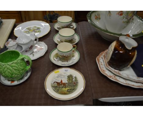 Three Copeland Spode Hunting scene cups and saucers, and a similar side plate 