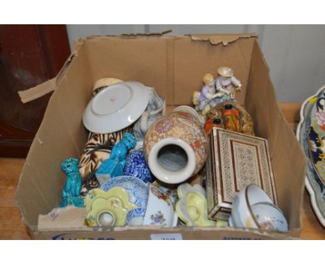 A box of various mixed china; and a mother of pearl inlaid box 