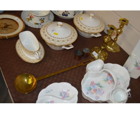 A pair of George III brass candlesticks; a brass ladle etc.