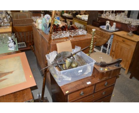 An old wooden cased record player; a brass table lamp base; a box of various metalware and an old wooden carpet sweeper