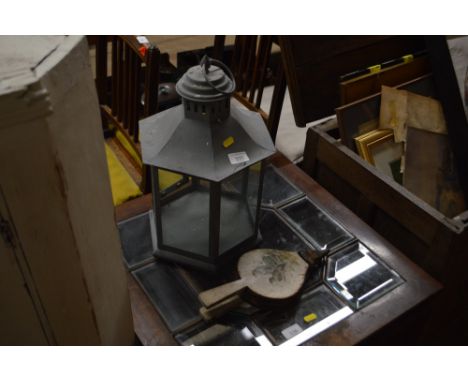 A metal and glass lantern and a pair of painted and decorated bellows 