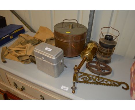 A brass roasting jack; together with a small lamp; a stainless steel canteen etc.