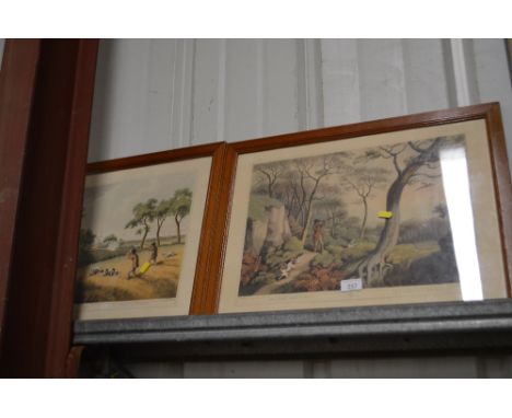 A pair of framed and glazed hunting prints; and a horse racing print "Bay Middleton"