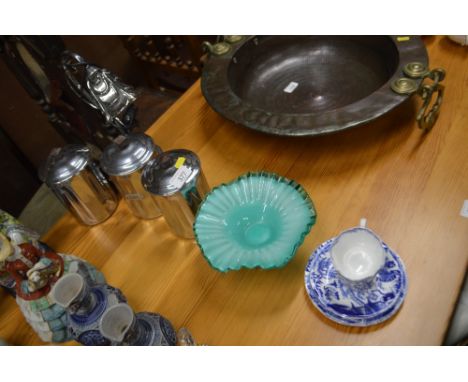 A set of three chrome storage jars; a small table lamp; a green glass pedestal bowl; and a two Royal Crown Derby blue and whi