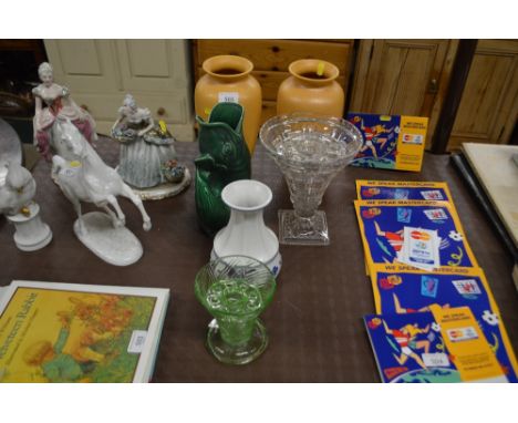 A pair of Poole pottery vases; a green glazed gurgling jug; a clear glass vase; an Elizabeth Radford vase; and an Art Deco gr