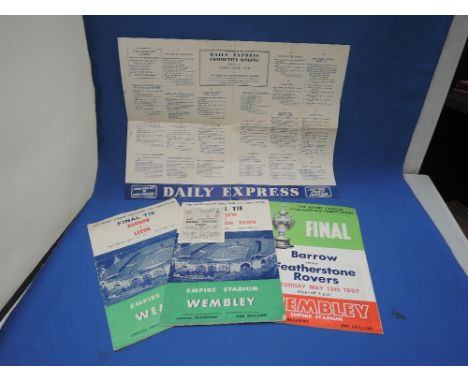 Three rugby league challenge cup final programmes, Barrow v Workington 1955 with ticket and song sheet, Barrow v Leeds 1957 a