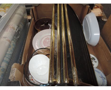 A selection of ceramics, glassware and brass fireguard