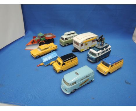 Nine Corgi die-casts including Toblerone, Corgi Toys, AA advertising vans, Film Services van with cameraman, Chevrolet Impala