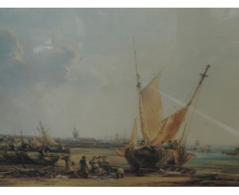 A print of a seaside scene in a Constable style