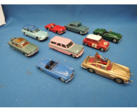 Nine Corgi die-casts including James Bond Aston Martin DB5 with driver and passenger, saloon and sports cars etc, repaints in