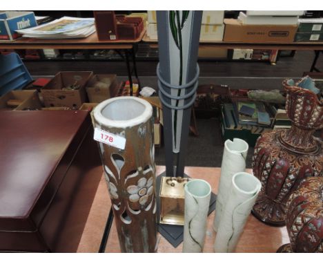A modern metal and painted glass single stem vase, carriage clock and ceramic brush pots etc