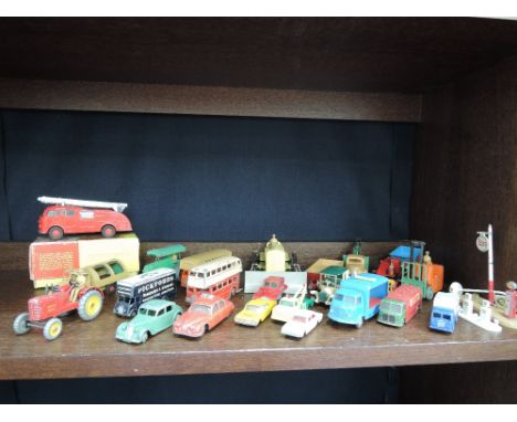 A selection of mixed die-casts including a Dinky Fire Engine 955, boxed,  Dinky construction and farm vehicles, Lesney cars e