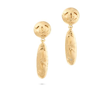 CHANEL VINTAGE QUILTED OVAL DROP CLIP-ON EARRINGS Each comprising an interlocking CC logo with a quilted gold tone oval shape
