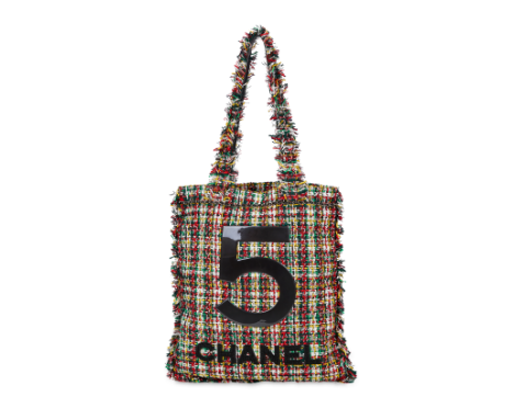CHANEL TWEED NO.5 TOTE BAG Condition grade A-. Multicolour woven tweed with ruffled trim, a large black patent leather No.5, 