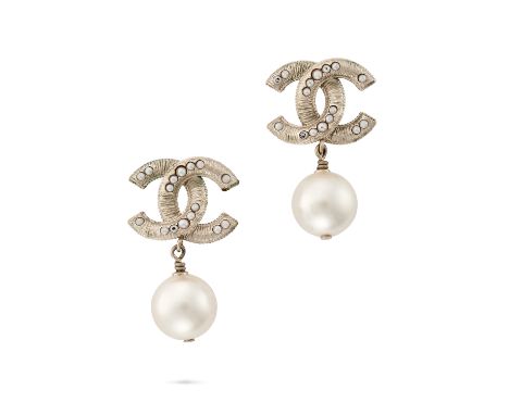 CHANEL CC FAUX PEARL DROP EARRINGS Gold plated interlocking CC set with small faux pearls, with a faux pearl drop, signed Cha